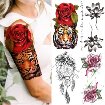 3D Akvarel Rose Tiger Tattoo Nalepke Za Ženske, Moške Lotus Dream Catcher Začasne Tetovaže Realne Pol Rokav Ponaredek Tattoo Roko
