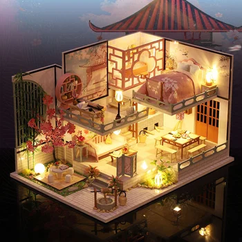 DIY Lesena Lutka Hiša Japonski Casa Miniaturne Zgradbe Kompleti Lutke S Pohištvom Luči Vile za Dekleta Božična Darila