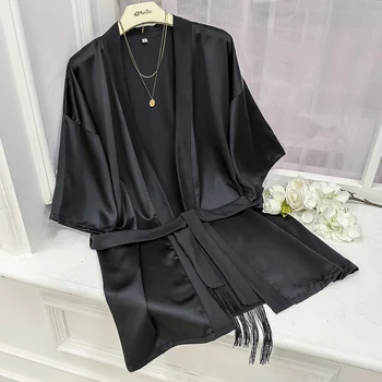 Črna svila midsleeve žensk nightgown Poletje kratko jopico čipke-up kopalne obleke tanke seksi nightgown
