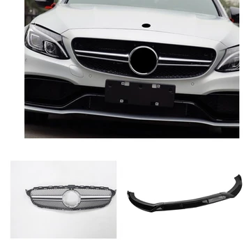 Za Mercedes Benz C-Razred W205 Šport 2015-2018 Gloss Black Spodnji Odbijač Spojler Cepilec Za Ustnice+Srebro Sprednji Zgornji Rešetka, Komplet Za Žar