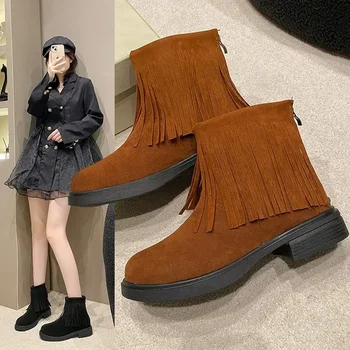 43 Velikost Moda za Ženske Škornji 2023 Jeseni Novo Tassel Design Platforma Čevlji Pozimi Toplo Retro Rimske Dame Čevlji Zapatos De Mujer