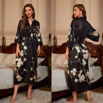 Priložnostne Cvjetnim Tiskanja Satenast Kimono Kopalni Plašč Črne Ženske Haljo Nightgown Proti-Vrat Sleepwear Loungewear Gospe Hišna Obleke