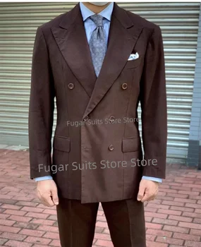 Classic Rjava Dvojno Zapenjanje Poroka Obleke Za Moške Slim Fit Vrh River Ženina Tuxedos 2 Pc Poslovni Moški Jopič Kostum Homme