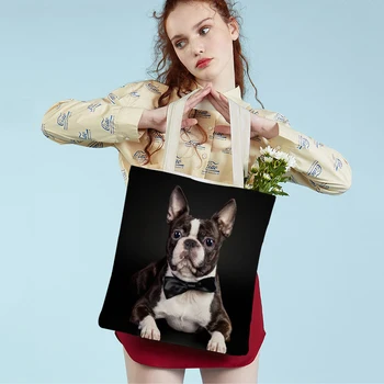 Srčkan francoski Buldog Pes Lady Študent Platno Tote Vrečko Dvojni Tisk Večkratno uporabo za Hišne Živali Priložnostne Nakupovalno Torbico za Ženske