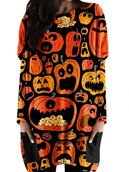 Ženske s Halloween Nightgown Sleepwear Dolgimi Rokavi, okoli Vratu Sprednji Žep Spanja Obleko Nightshirt