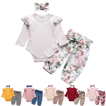 Jeseni Baby Girl Obleke, Kompleti Moda Malčka Obleke Dolg Rokav Vrhovi Cvet Hlače Glavo Srčkan 3Pcs Novorojenega Dojenčka Oblačila