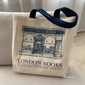 Ženske Platno Torba London Tiskanja Knjig Gospe Priložnostne Torbici Tote Vrečko Za Večkratno Uporabo, Velika Zmogljivost Bombaž Nakupovalna Torba Za Plažo