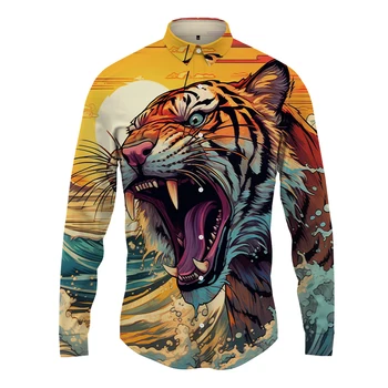2023 Spomladi in Jeseni Nova Moda moška Majica Ulica, Hip-hop Dolgo sleeved Majica 3D Divji Tiger Natisnjeni Gumbi Majica