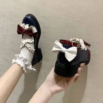 Čevlji za Ženske Bowknot Ruched Lolita Usnjeni Čevlji z Eno Besedo Sponke Mornarice Bela in Rdeča francoskem Slogu Krog Toe Kvadratnih Pete