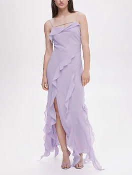 Elegantna Barva z Ruffles in Strani Reže za Ženske - kot Nalašč Y2K Stranka Obleko z Špagete Trakovi in