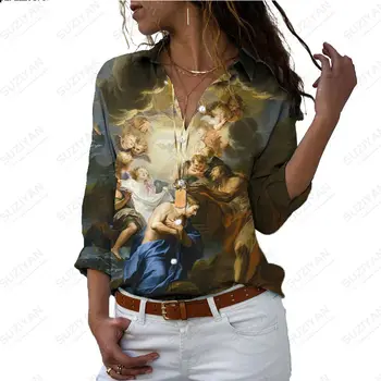 Pomlad Jesen 2023 Modi Nove Oljna slika, Portret Maček 3D Print Majica Gumb Polo Long Sleeve Zgornji del Ženske Letnik Ulica Majica