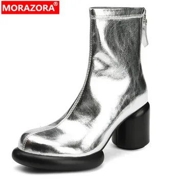 MORAZORA 2023 Novo Jedrnato Pravega Usnja Gleženj Škornji Zadrgo Krog Visoke Pete Zimski Škornji Ženske Platforma Sodobnega Čevlji