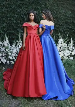 Rdeča Kraljevsko Modra Večerne Obleke Saten Dolgo Off Ramenski Črto Zamah Vlak, Formalno Stranko Maturantski Halje Elegantne Ženske Obleke